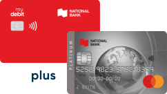 Photo of the National Bank debit card and Platinum Mastercard credit card