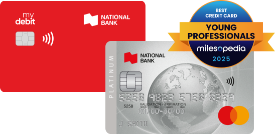 Photo of a National Bank debit card and the Platinum Mastercard credit card