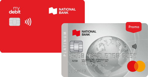 Photo of a National Bank debit card and the Platinum Mastercard credit card
