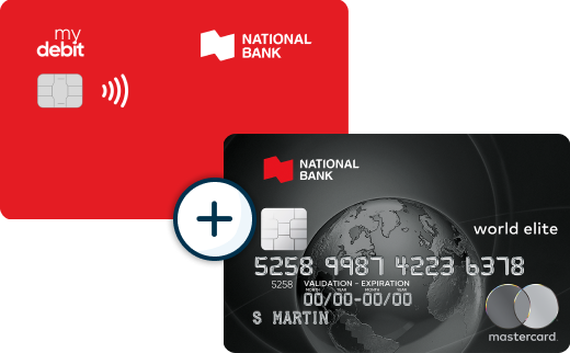 Photo of a National Bank debit card and a credit card with an encircled plus symbol
