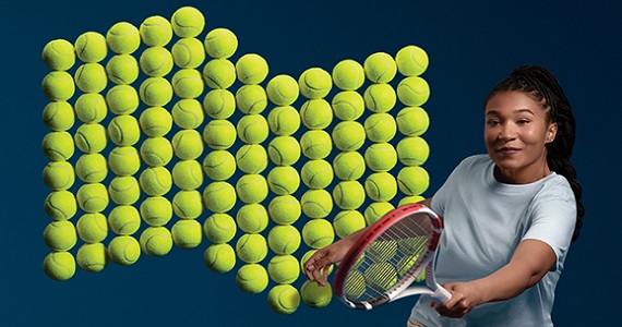 Photo of a racket and tennis balls forming the National Bank logo and a woman playing tennis