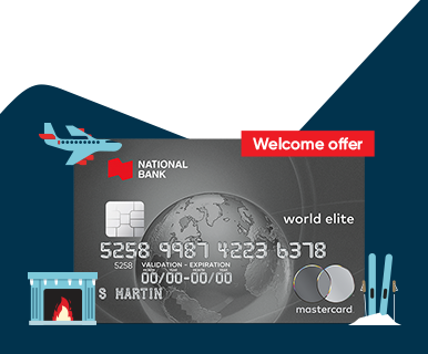 Photo of the World Elite Mastercard credit card with pictos of a fireplace, skis, snow, and an airplane 