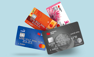 Photo of four National Bank Mastercard credit cards 